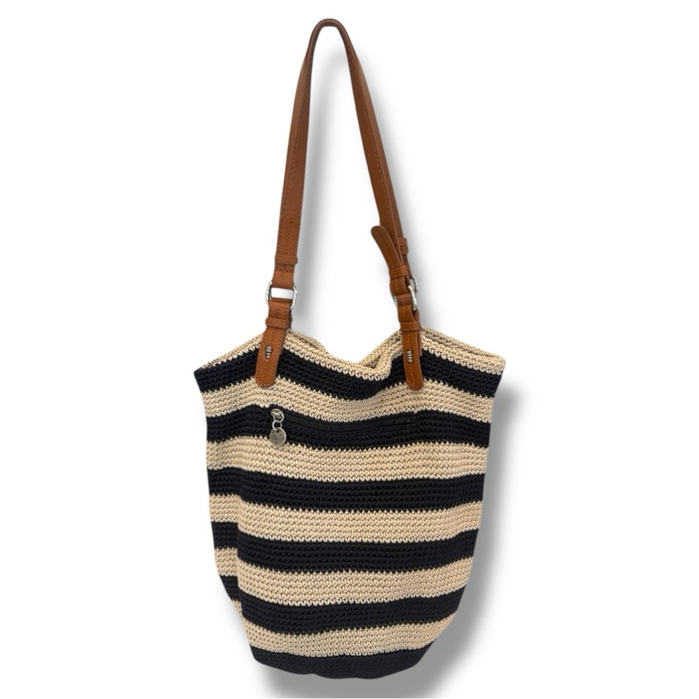 The Sak Striped Crochet Tote Bag with Brown Leather Straps
